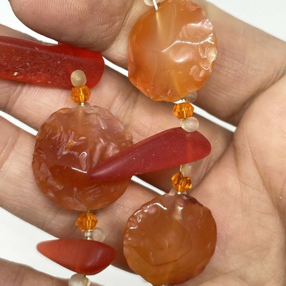 Gorgeous Carnelian Stone And Sea Glass Beaded 16” Necklace - Picture 5 of 6
